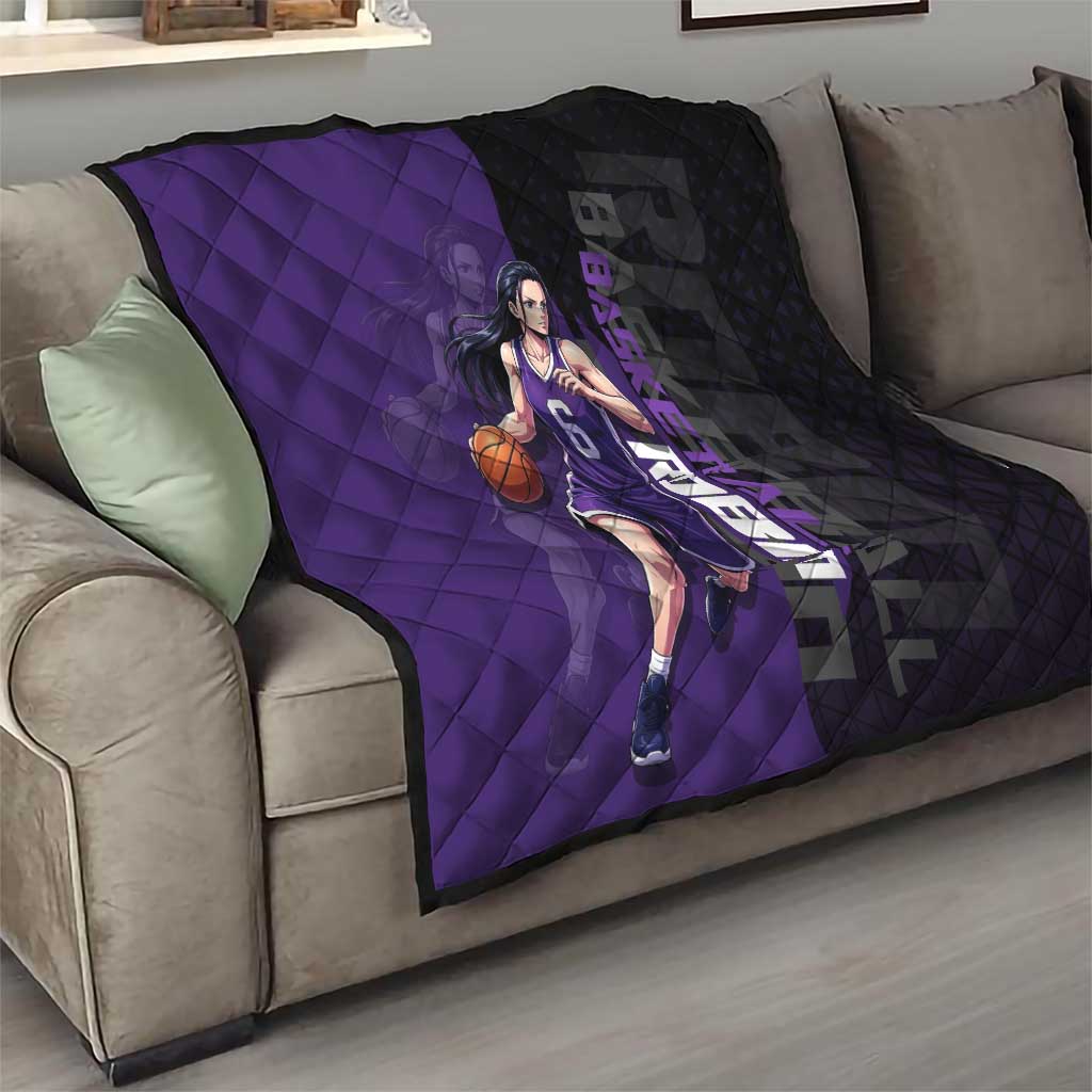 Nico Robin One Piece Basketball Theme Purple and Black Design Quilt with Action Pose and Crew Emblem - The Mazicc