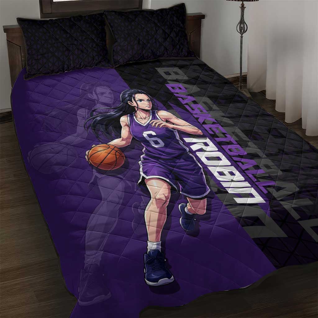 Nico Robin One Piece Basketball Theme Purple and Black Design Quilt Bed Set with Action Pose and Crew Emblem - The Mazicc