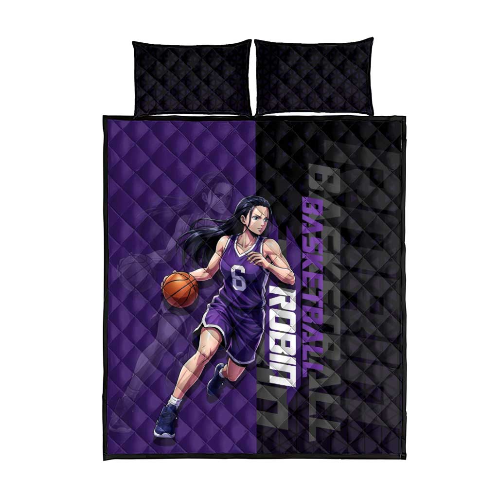 Nico Robin One Piece Basketball Theme Purple and Black Design Quilt Bed Set with Action Pose and Crew Emblem - The Mazicc