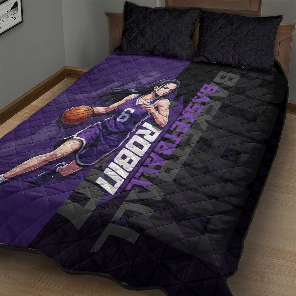 Nico Robin One Piece Basketball Theme Purple and Black Design Quilt Bed Set with Action Pose and Crew Emblem - The Mazicc