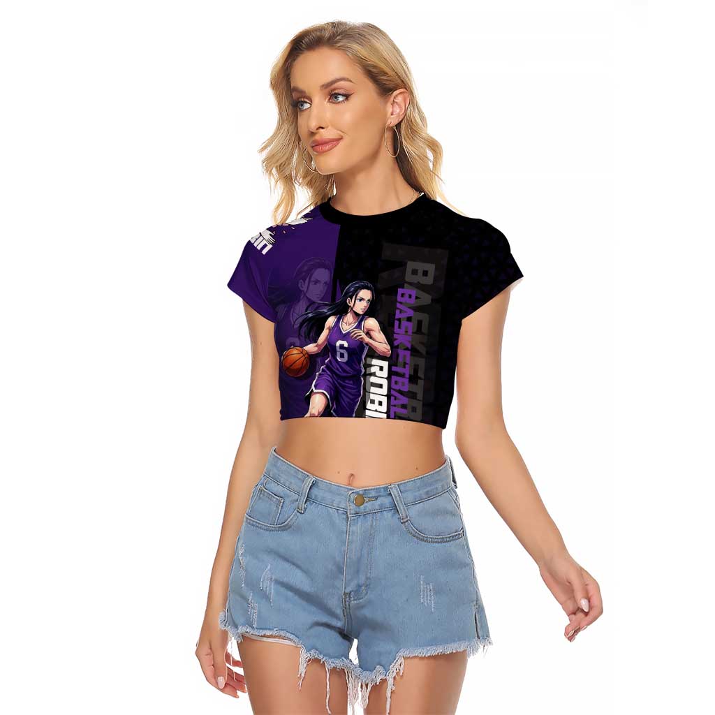 Nico Robin One Piece Basketball Theme Purple and Black Design Raglan Cropped T Shirt with Action Pose and Crew Emblem - The Mazicc