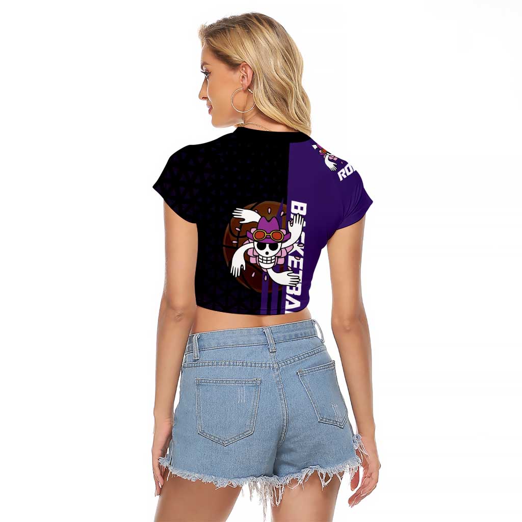 Nico Robin One Piece Basketball Theme Purple and Black Design Raglan Cropped T Shirt with Action Pose and Crew Emblem - The Mazicc