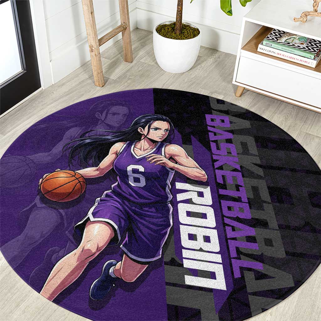 Nico Robin One Piece Basketball Theme Purple and Black Design Round Carpet with Action Pose and Crew Emblem - The Mazicc