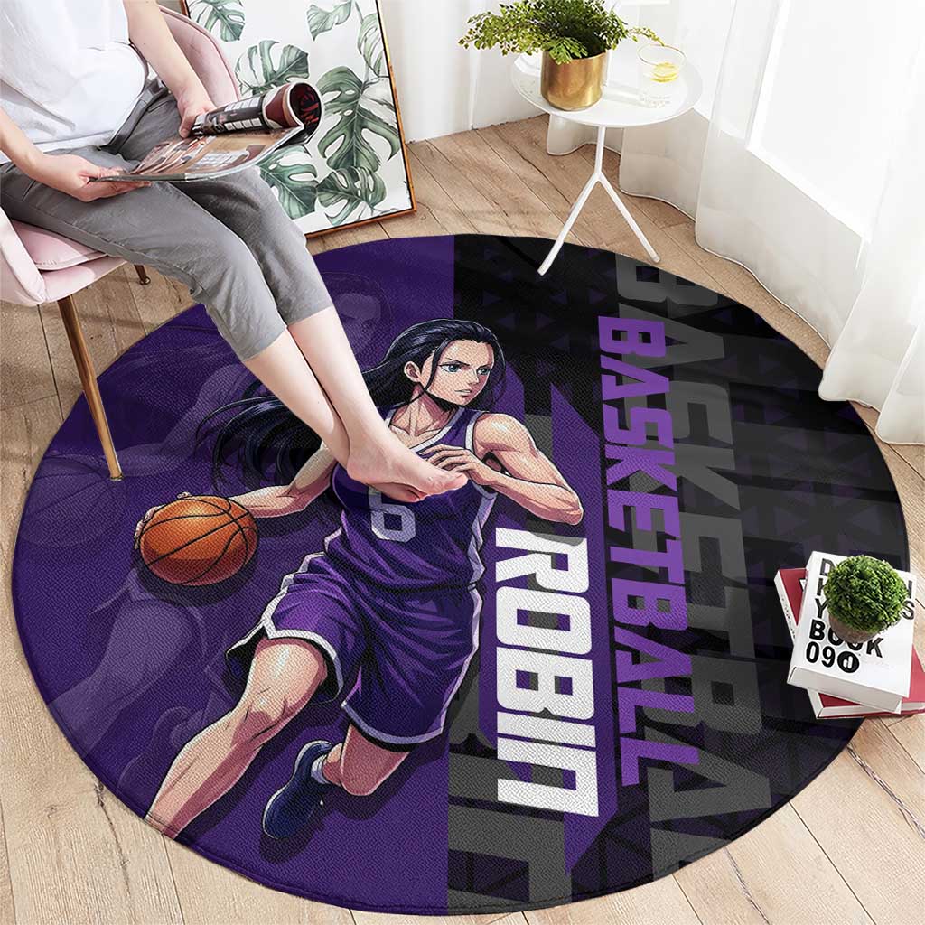 Nico Robin One Piece Basketball Theme Purple and Black Design Round Carpet with Action Pose and Crew Emblem - The Mazicc