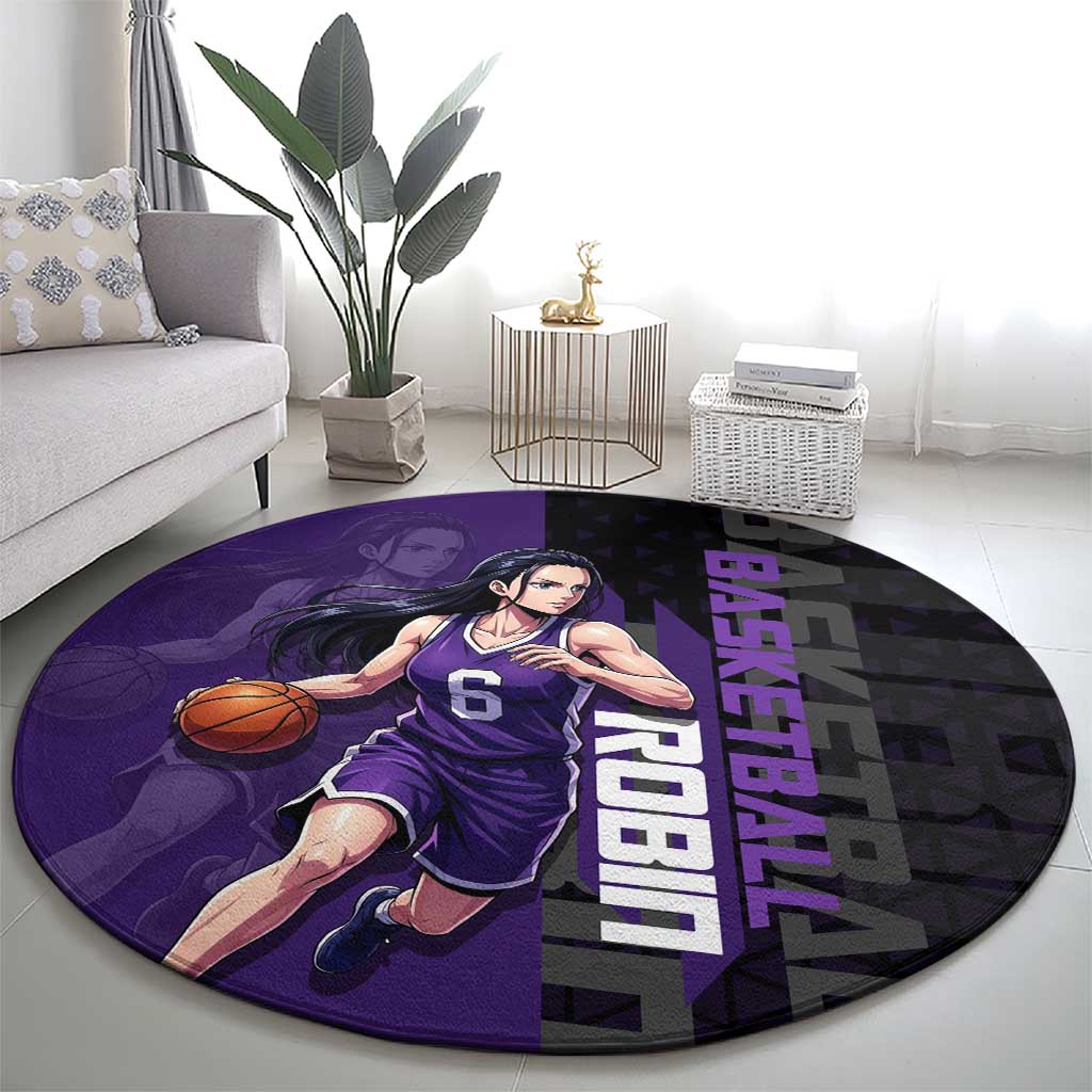 Nico Robin One Piece Basketball Theme Purple and Black Design Round Carpet with Action Pose and Crew Emblem - The Mazicc