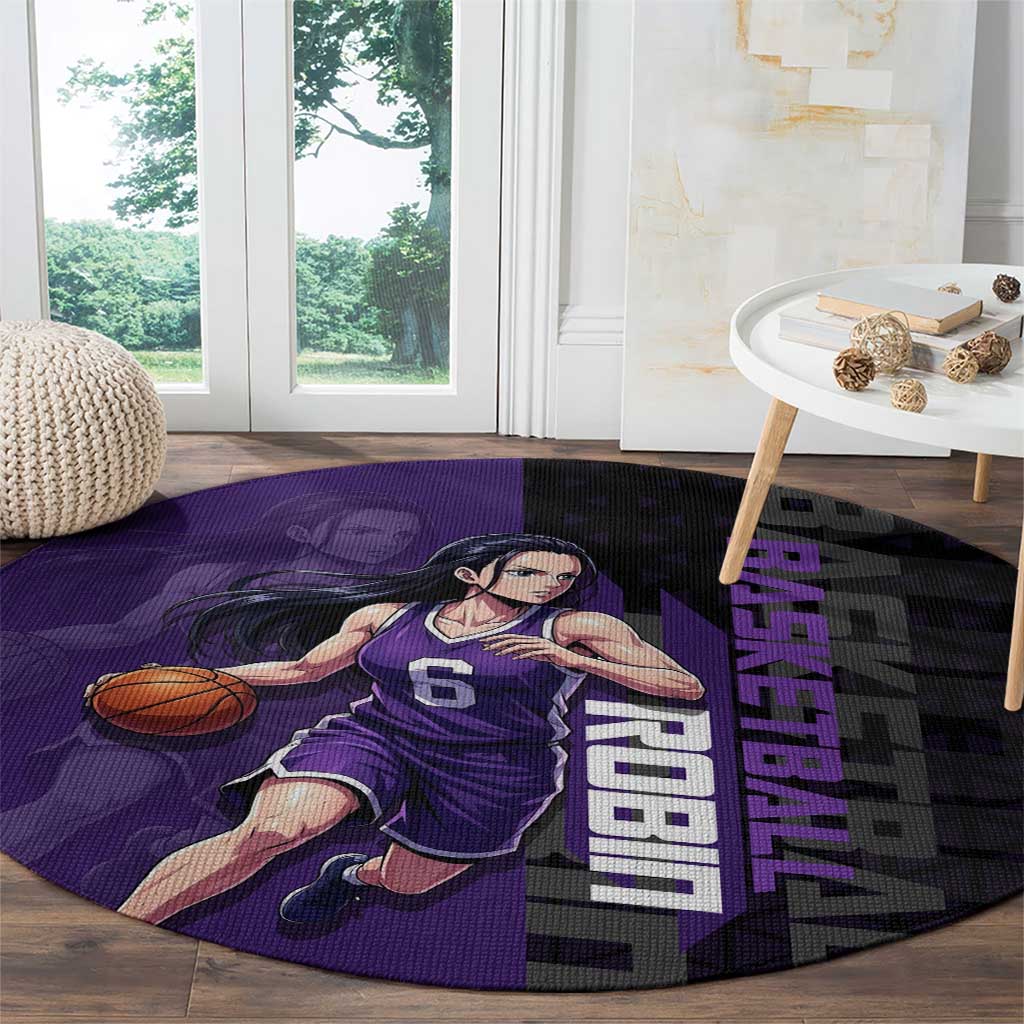Nico Robin One Piece Basketball Theme Purple and Black Design Round Carpet with Action Pose and Crew Emblem - The Mazicc