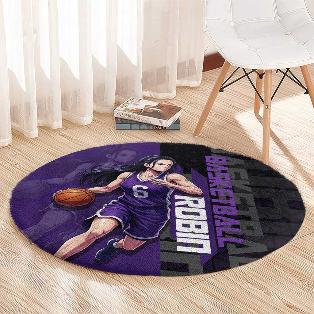Nico Robin One Piece Basketball Theme Purple and Black Design Round Carpet with Action Pose and Crew Emblem - The Mazicc