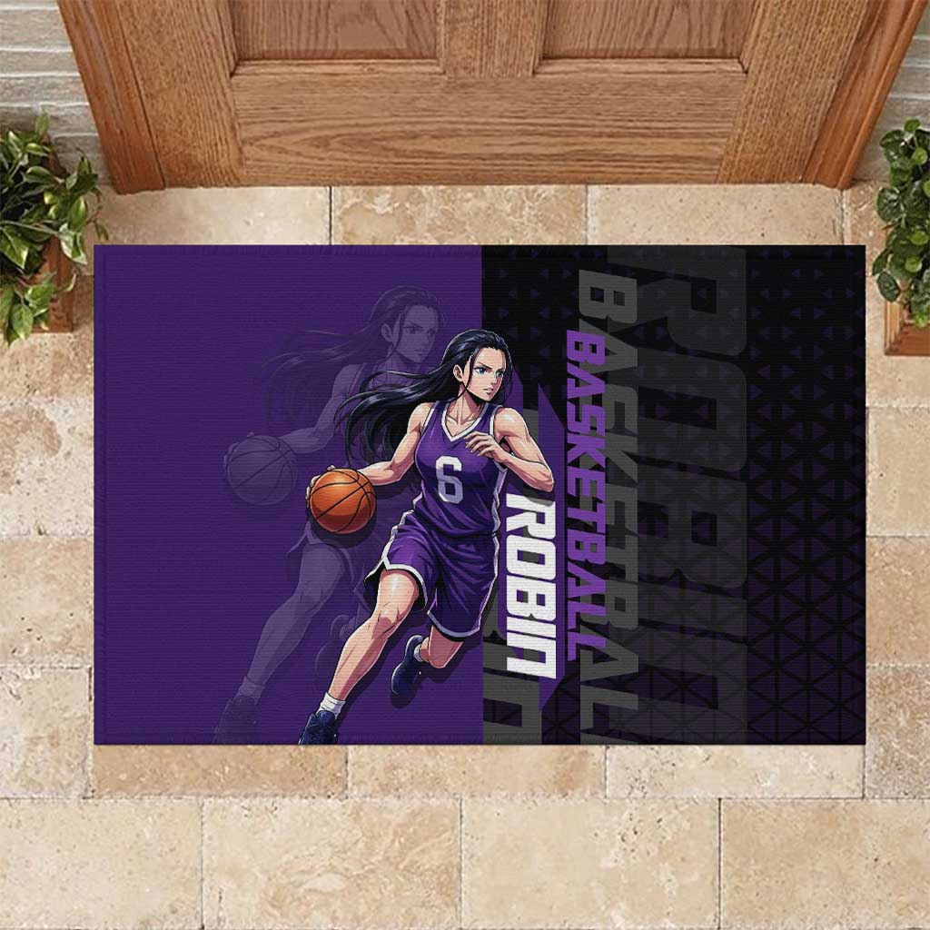 Nico Robin One Piece Basketball Theme Purple and Black Design Rubber Doormat with Action Pose and Crew Emblem - The Mazicc