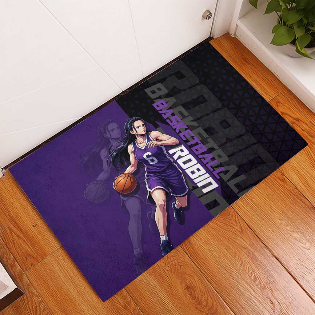 Nico Robin One Piece Basketball Theme Purple and Black Design Rubber Doormat with Action Pose and Crew Emblem - The Mazicc