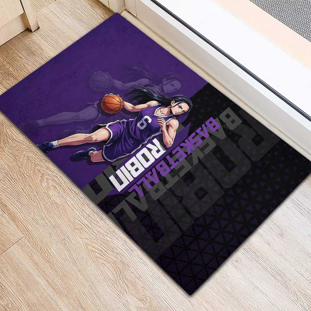 Nico Robin One Piece Basketball Theme Purple and Black Design Rubber Doormat with Action Pose and Crew Emblem - The Mazicc