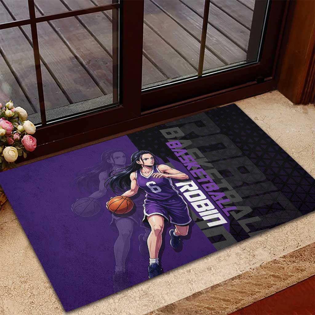 Nico Robin One Piece Basketball Theme Purple and Black Design Rubber Doormat with Action Pose and Crew Emblem - The Mazicc