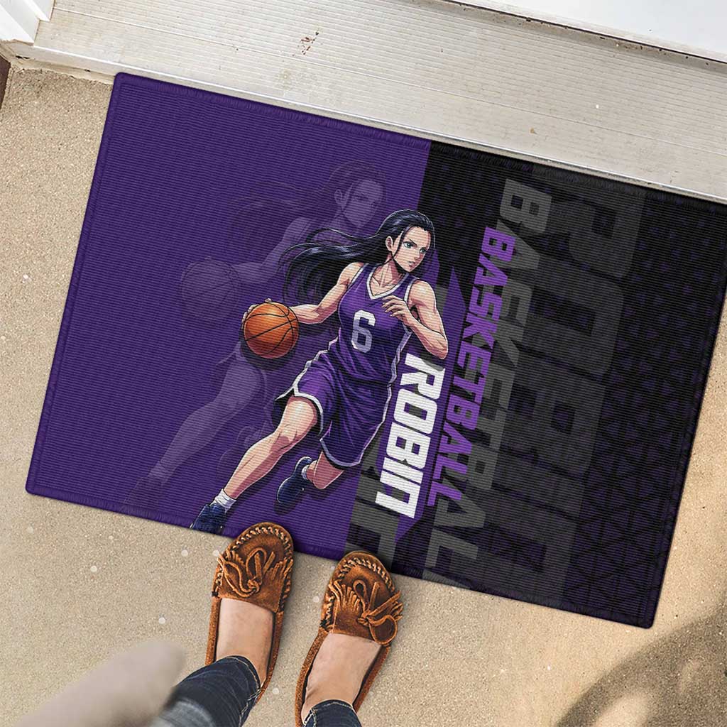 Nico Robin One Piece Basketball Theme Purple and Black Design Rubber Doormat with Action Pose and Crew Emblem - The Mazicc