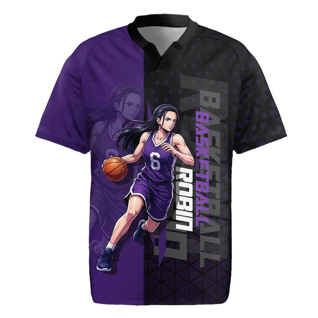 Nico Robin One Piece Basketball Theme Purple and Black Design Rugby Jersey with Action Pose and Crew Emblem - The Mazicc