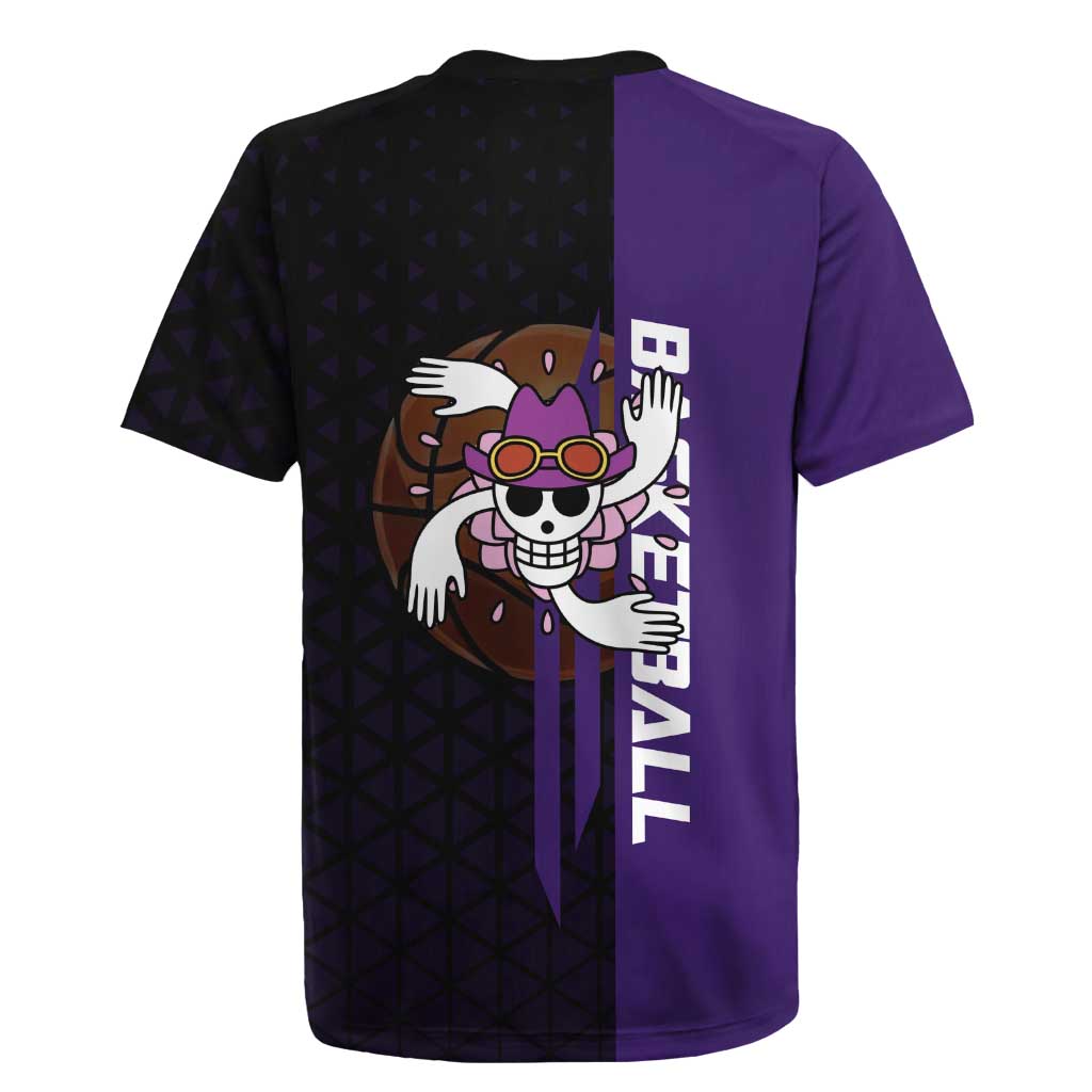 Nico Robin One Piece Basketball Theme Purple and Black Design Rugby Jersey with Action Pose and Crew Emblem - The Mazicc