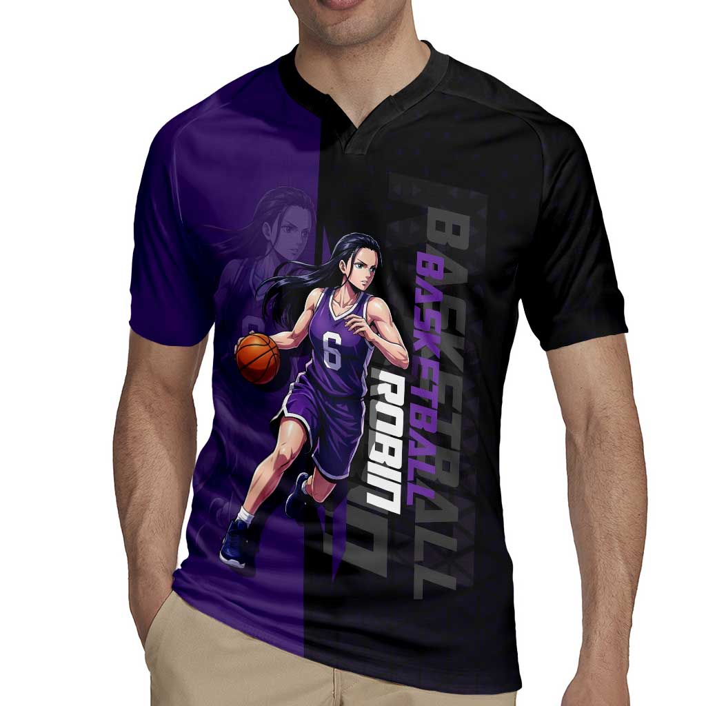 Nico Robin One Piece Basketball Theme Purple and Black Design Rugby Jersey with Action Pose and Crew Emblem - The Mazicc
