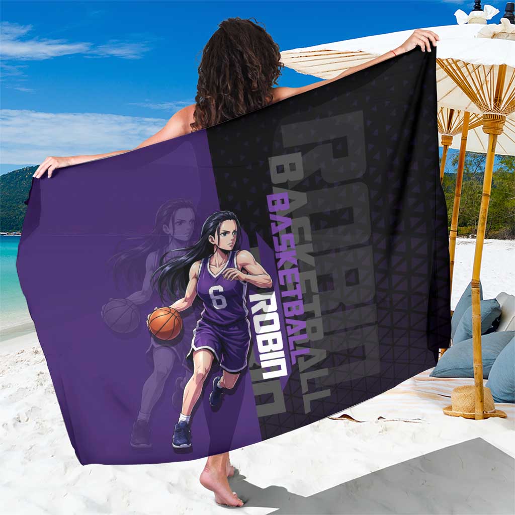 Nico Robin One Piece Basketball Theme Purple and Black Design Sarong with Action Pose and Crew Emblem - The Mazicc
