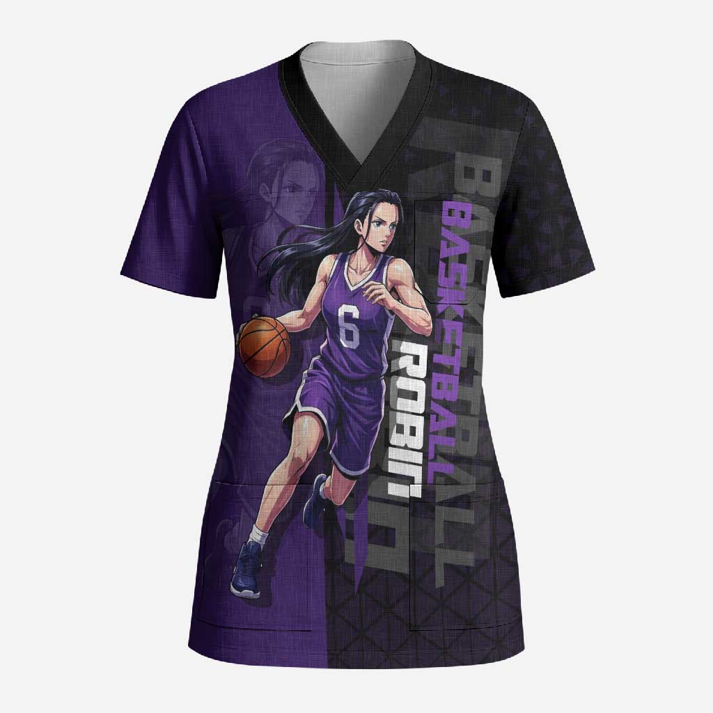 Nico Robin One Piece Basketball Theme Purple and Black Design Scrub Top with Action Pose and Crew Emblem - The Mazicc