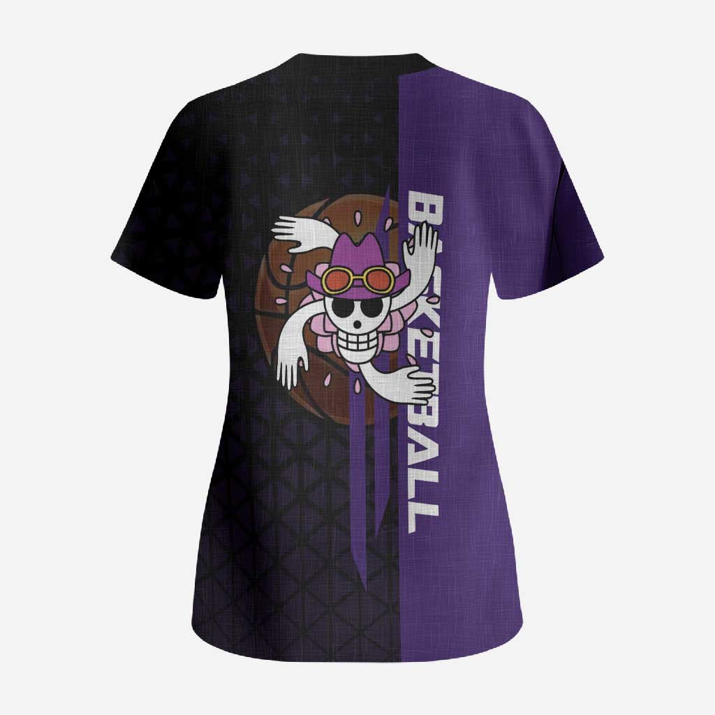 Nico Robin One Piece Basketball Theme Purple and Black Design Scrub Top with Action Pose and Crew Emblem - The Mazicc