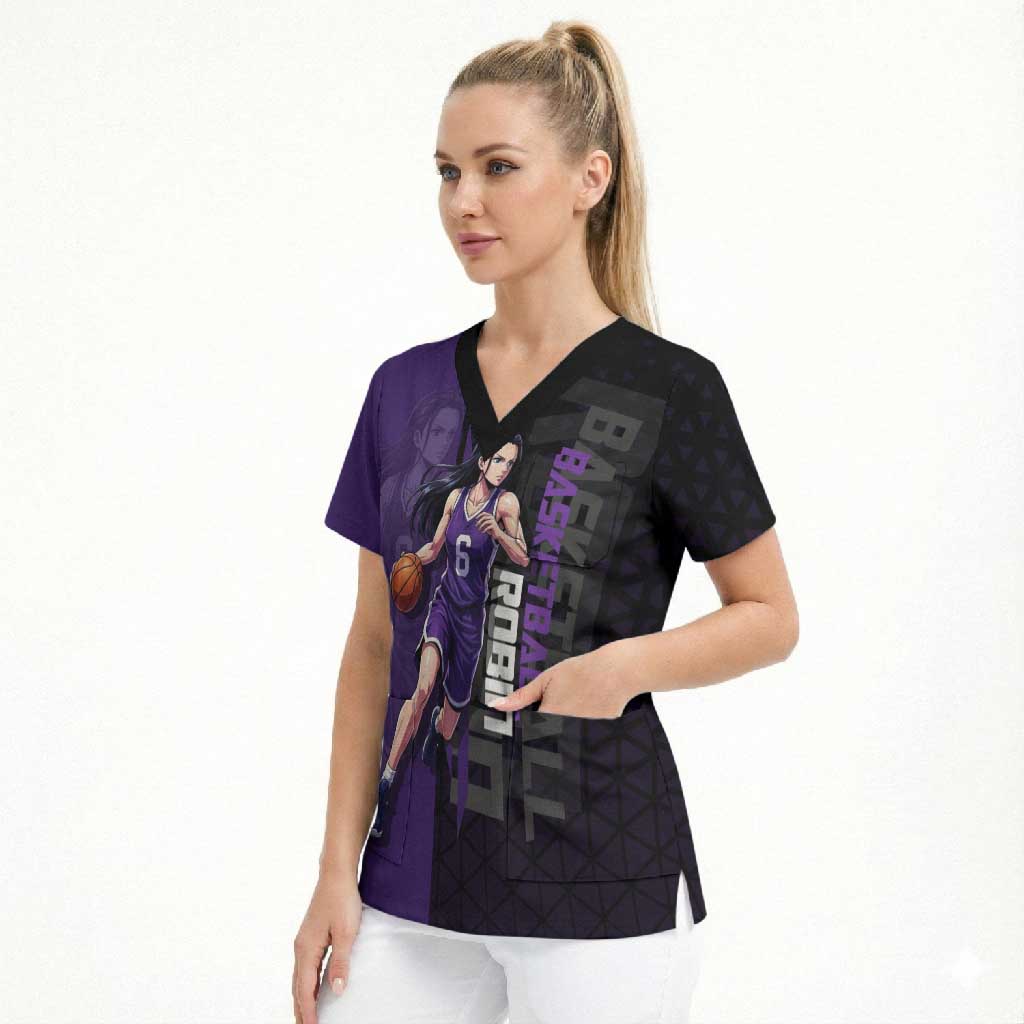Nico Robin One Piece Basketball Theme Purple and Black Design Scrub Top with Action Pose and Crew Emblem - The Mazicc