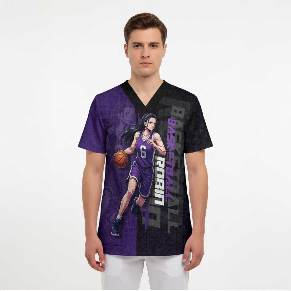 Nico Robin One Piece Basketball Theme Purple and Black Design Scrub Top with Action Pose and Crew Emblem - The Mazicc