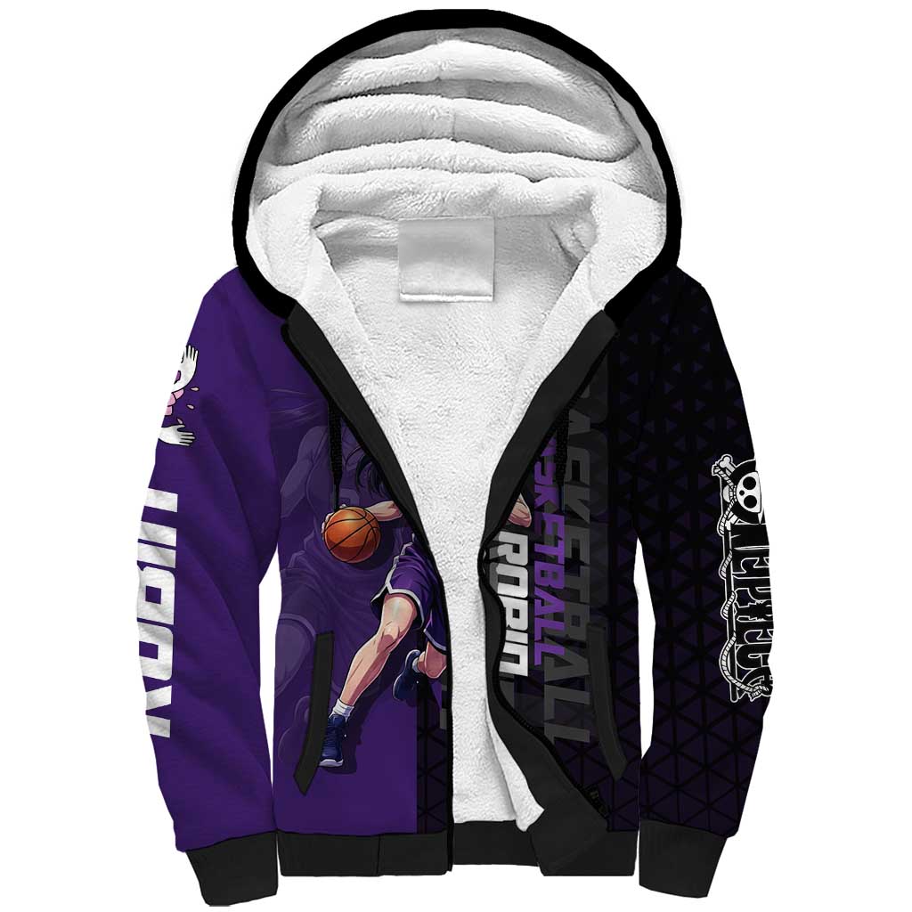 Nico Robin One Piece Basketball Theme Purple and Black Design Sherpa Hoodie with Action Pose and Crew Emblem - The Mazicc