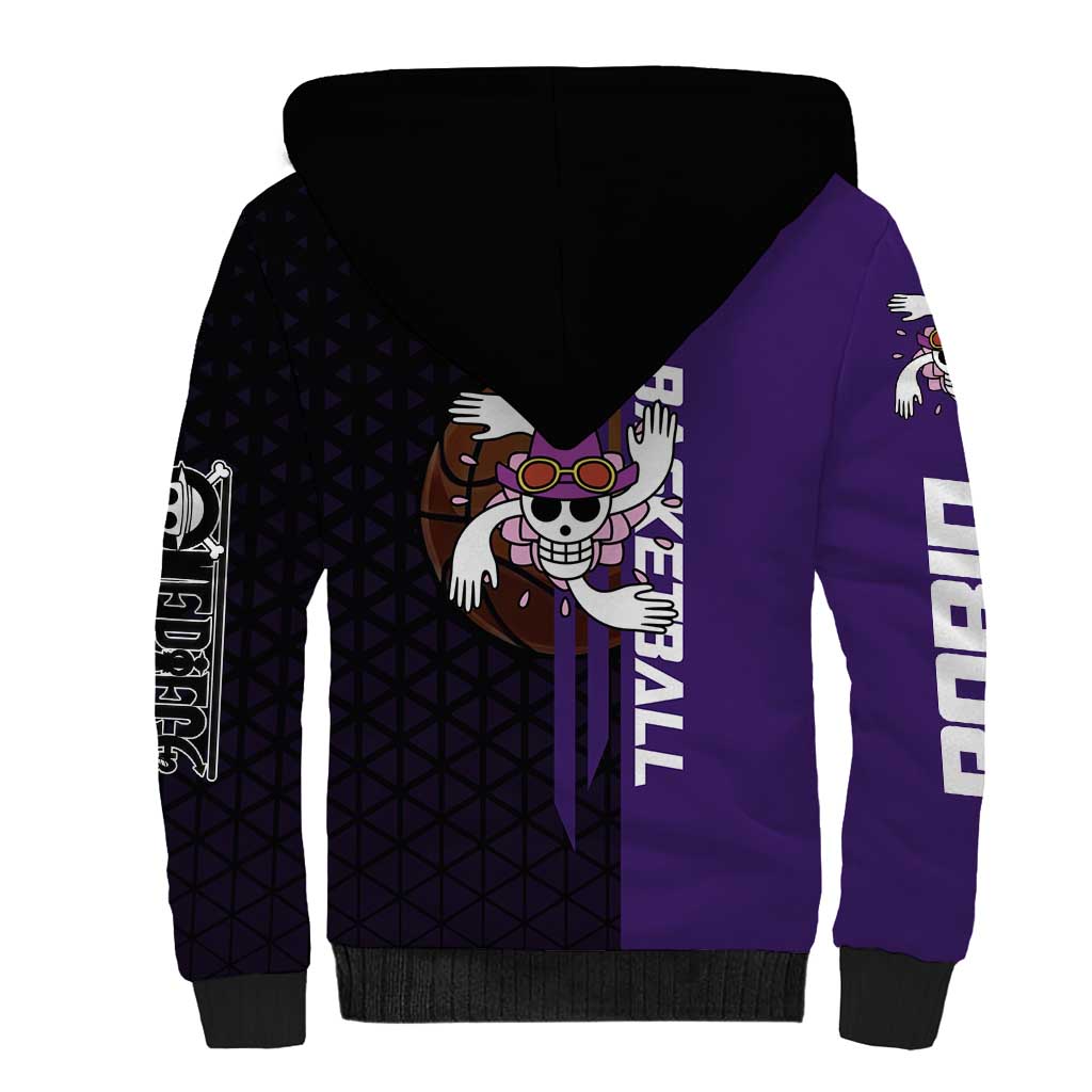 Nico Robin One Piece Basketball Theme Purple and Black Design Sherpa Hoodie with Action Pose and Crew Emblem - The Mazicc