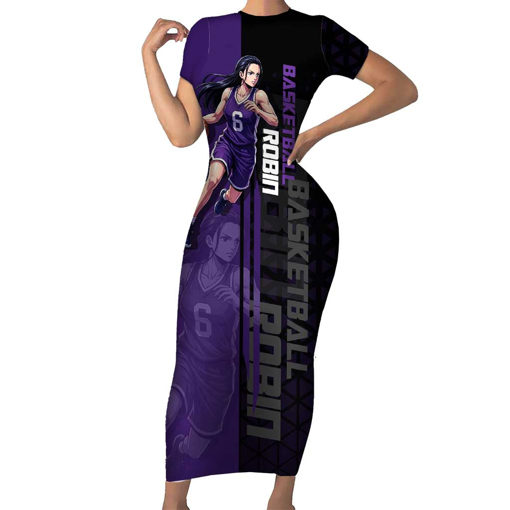 Nico Robin One Piece Basketball Theme Purple and Black Design Short Sleeve Bodycon Dress with Action Pose and Crew Emblem - The Mazicc