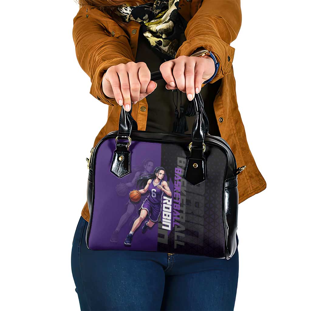 Nico Robin One Piece Basketball Theme Purple and Black Design Shoulder Handbag with Action Pose and Crew Emblem - The Mazicc