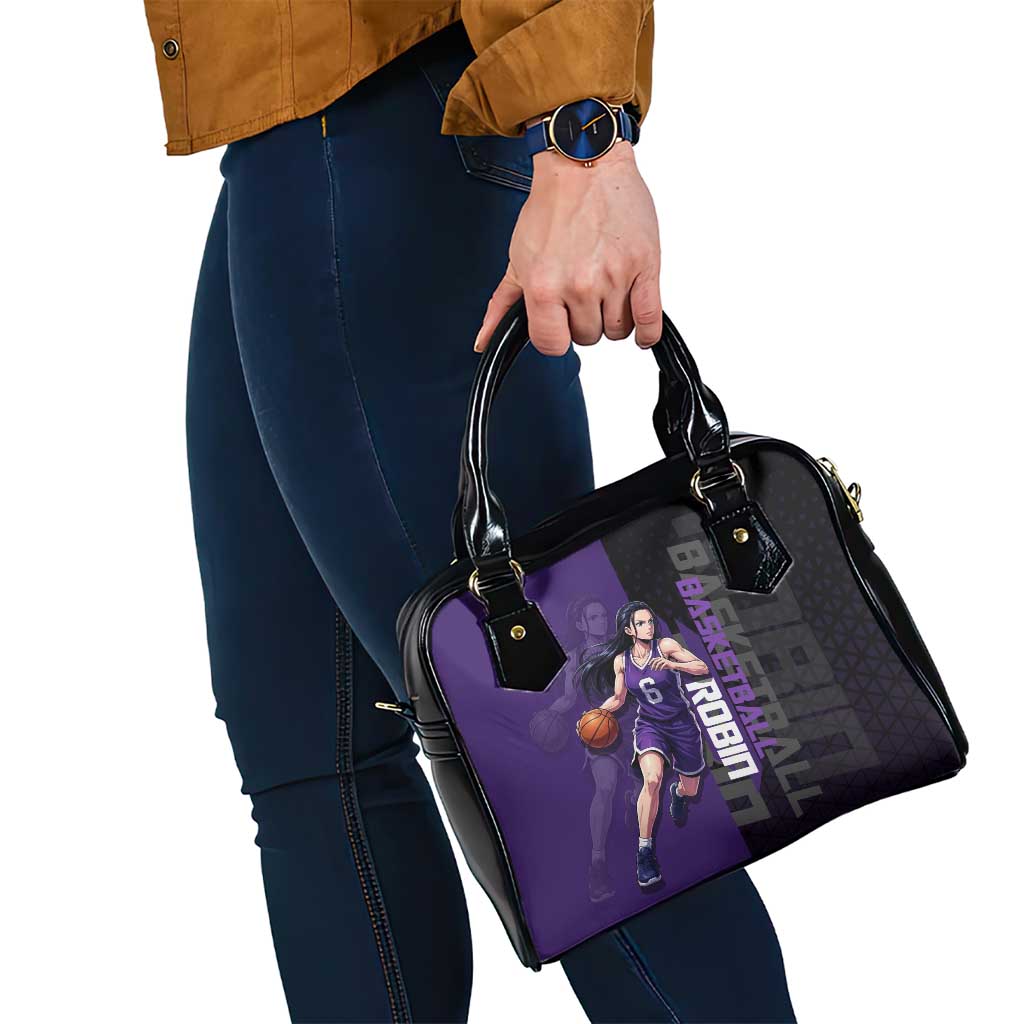 Nico Robin One Piece Basketball Theme Purple and Black Design Shoulder Handbag with Action Pose and Crew Emblem - The Mazicc