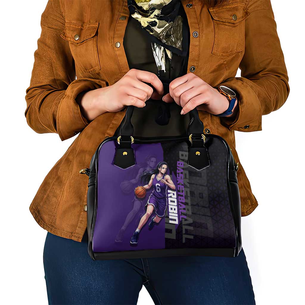Nico Robin One Piece Basketball Theme Purple and Black Design Shoulder Handbag with Action Pose and Crew Emblem - The Mazicc