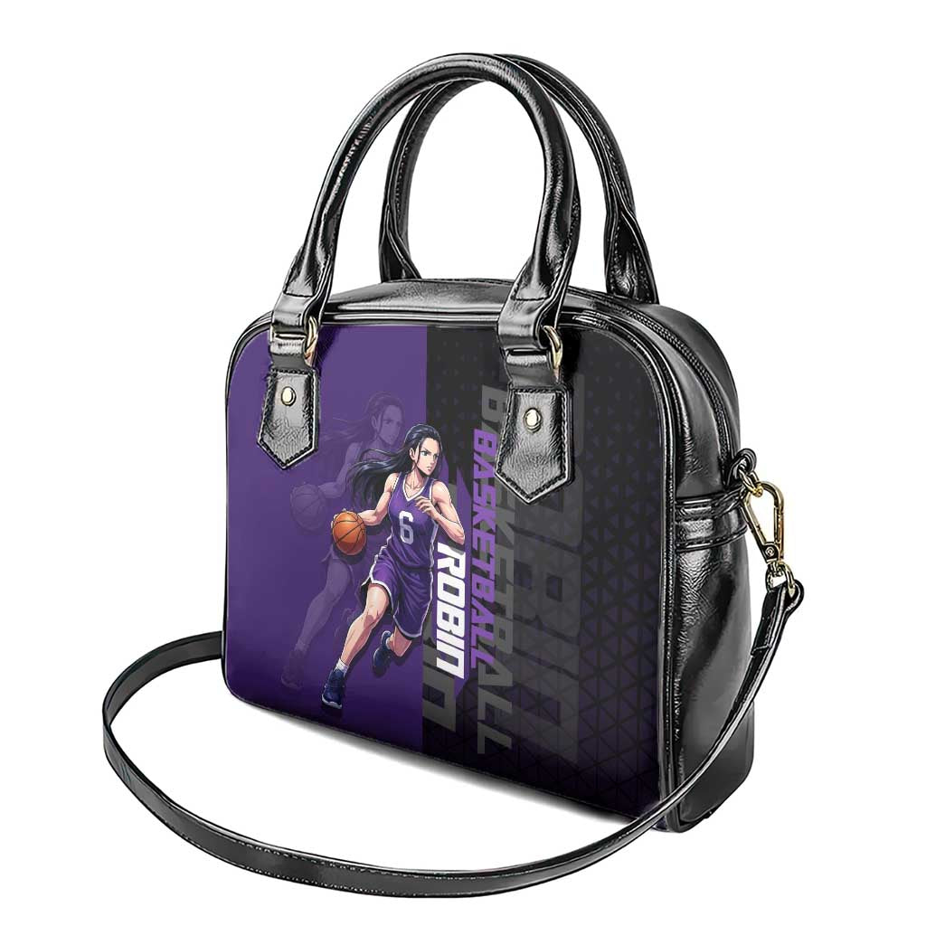 Nico Robin One Piece Basketball Theme Purple and Black Design Shoulder Handbag with Action Pose and Crew Emblem - The Mazicc