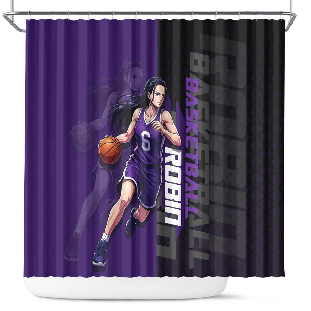 Nico Robin One Piece Basketball Theme Purple and Black Design Shower Curtain with Action Pose and Crew Emblem - The Mazicc