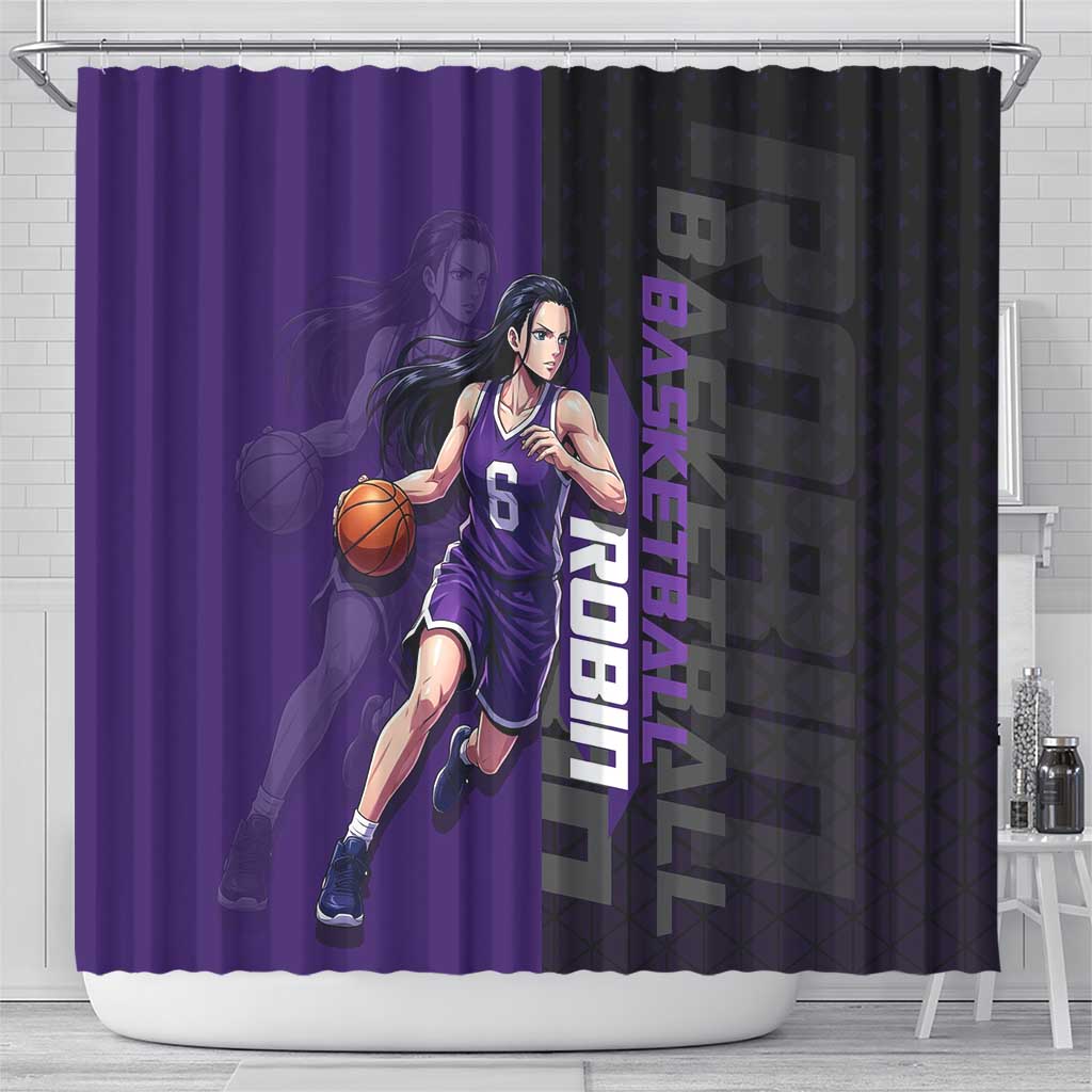 Nico Robin One Piece Basketball Theme Purple and Black Design Shower Curtain with Action Pose and Crew Emblem - The Mazicc