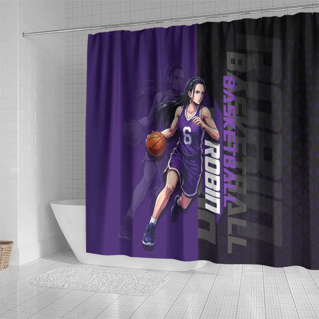 Nico Robin One Piece Basketball Theme Purple and Black Design Shower Curtain with Action Pose and Crew Emblem - The Mazicc