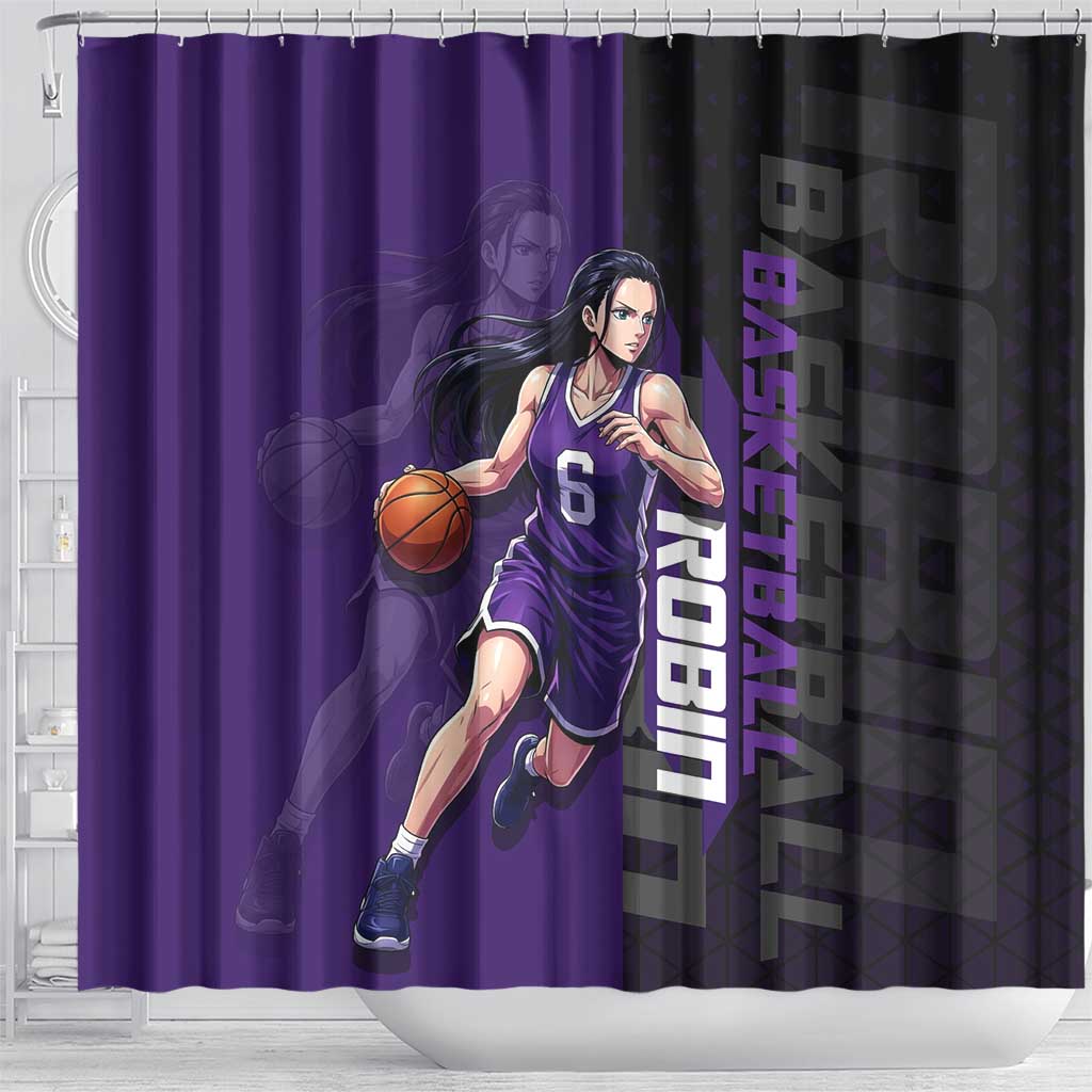 Nico Robin One Piece Basketball Theme Purple and Black Design Shower Curtain with Action Pose and Crew Emblem - The Mazicc