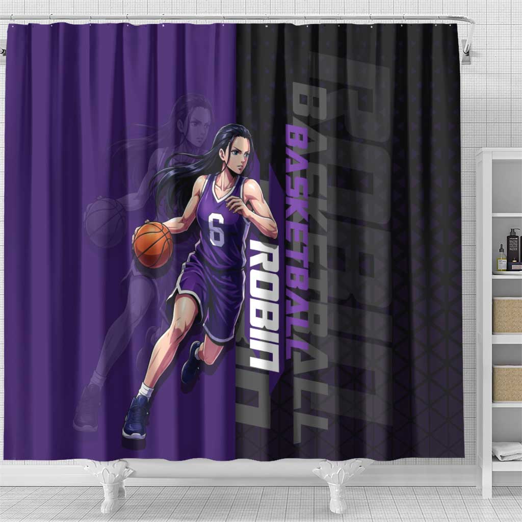 Nico Robin One Piece Basketball Theme Purple and Black Design Shower Curtain with Action Pose and Crew Emblem - The Mazicc