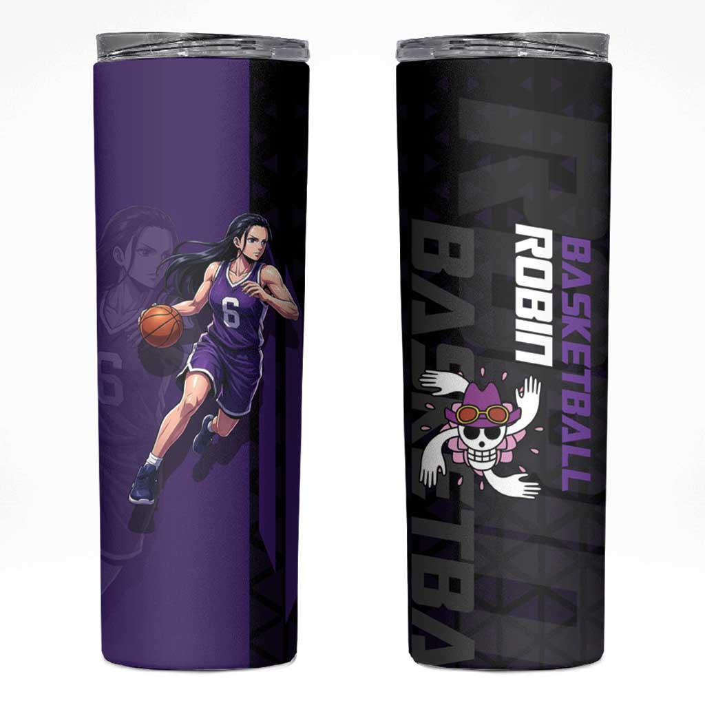 Nico Robin One Piece Basketball Theme Purple and Black Design Skinny Tumbler with Action Pose and Crew Emblem - The Mazicc