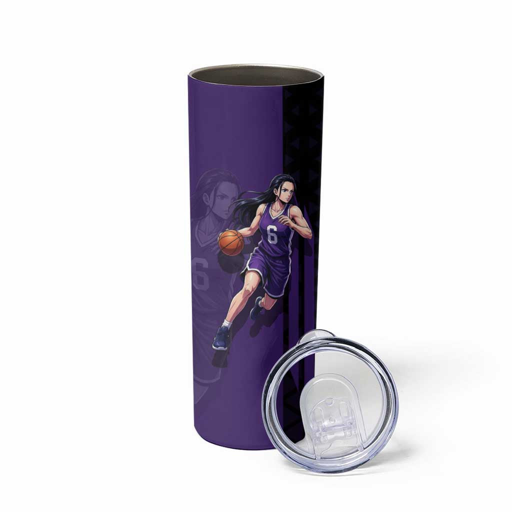 Nico Robin One Piece Basketball Theme Purple and Black Design Skinny Tumbler with Action Pose and Crew Emblem - The Mazicc