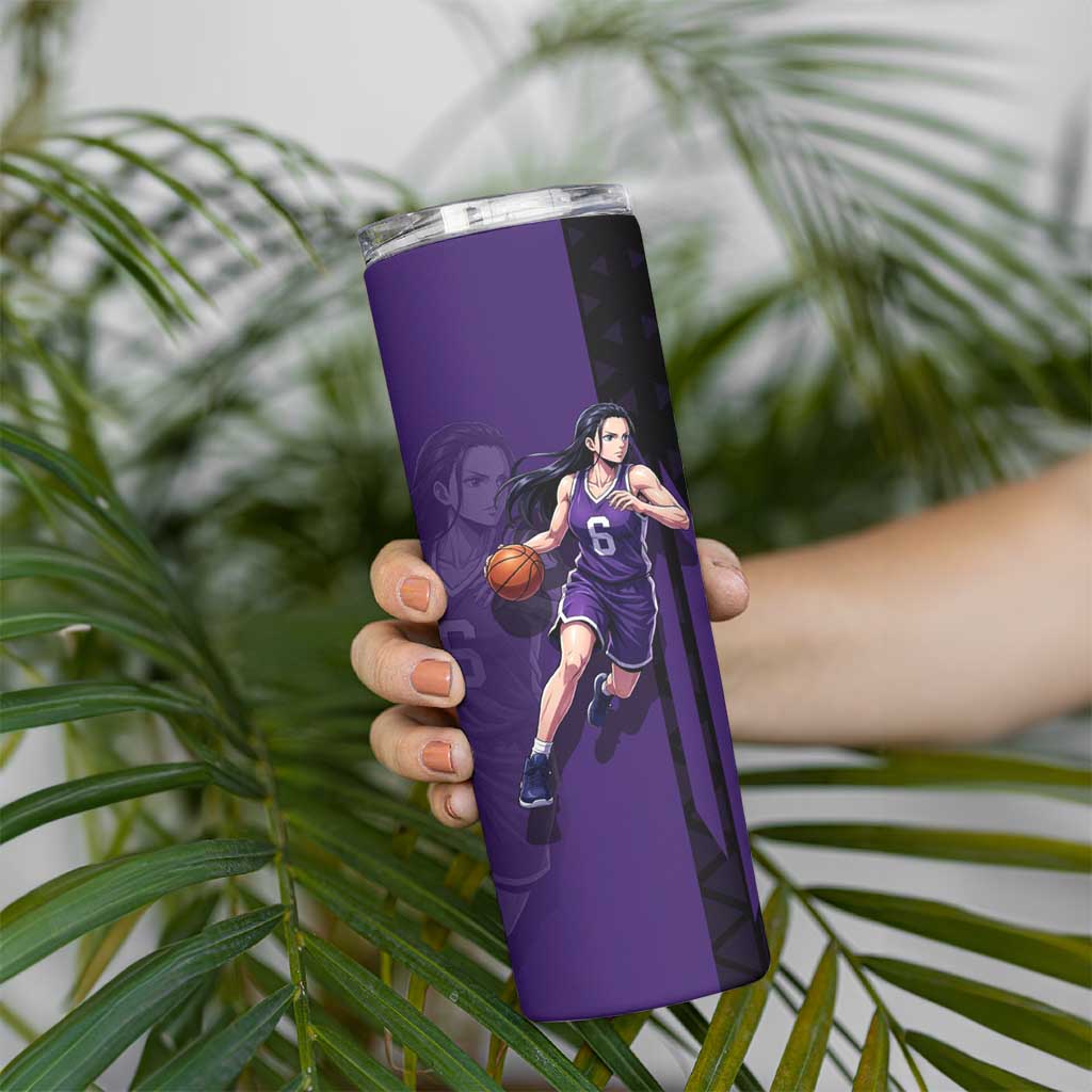 Nico Robin One Piece Basketball Theme Purple and Black Design Skinny Tumbler with Action Pose and Crew Emblem - The Mazicc