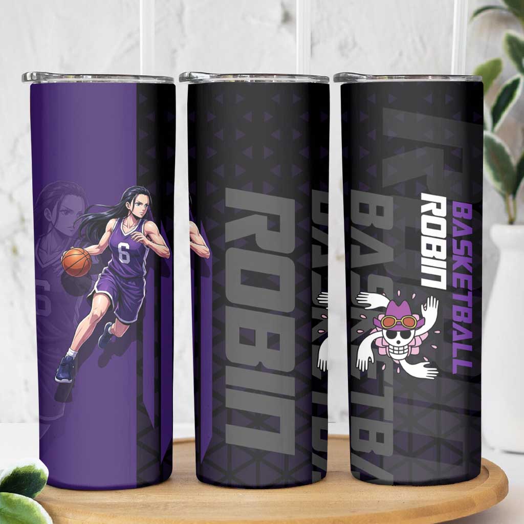 Nico Robin One Piece Basketball Theme Purple and Black Design Skinny Tumbler with Action Pose and Crew Emblem - The Mazicc