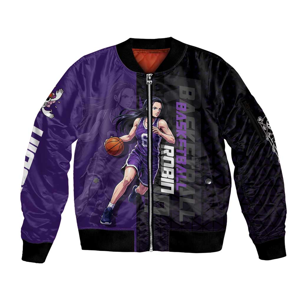 Nico Robin One Piece Basketball Theme Purple and Black Design Sleeve Zip Bomber Jacket with Action Pose and Crew Emblem - The Mazicc
