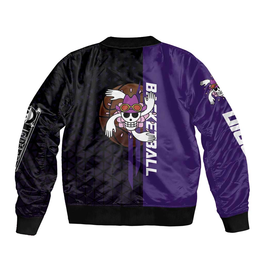 Nico Robin One Piece Basketball Theme Purple and Black Design Sleeve Zip Bomber Jacket with Action Pose and Crew Emblem - The Mazicc