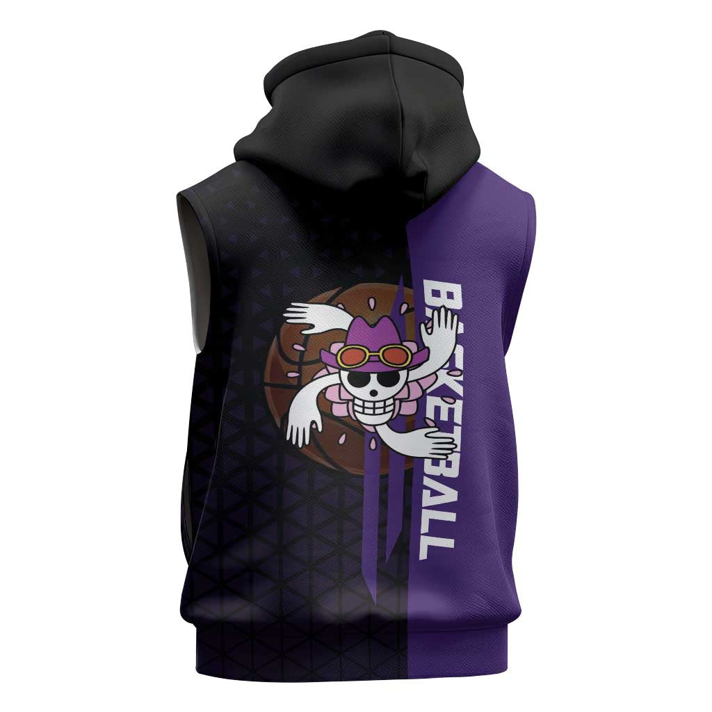 Nico Robin One Piece Basketball Theme Purple and Black Design Sleeveless Hoodie with Action Pose and Crew Emblem - The Mazicc