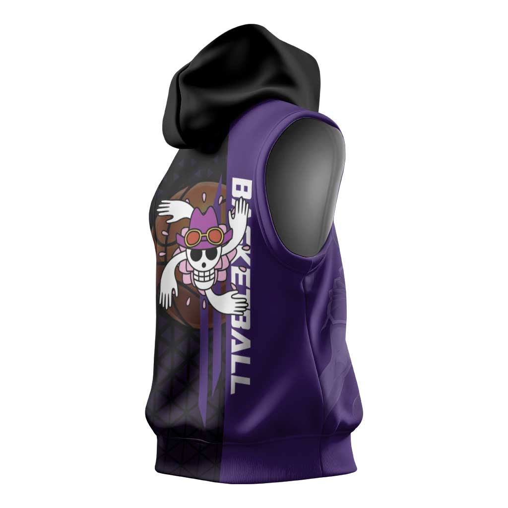 Nico Robin One Piece Basketball Theme Purple and Black Design Sleeveless Hoodie with Action Pose and Crew Emblem - The Mazicc