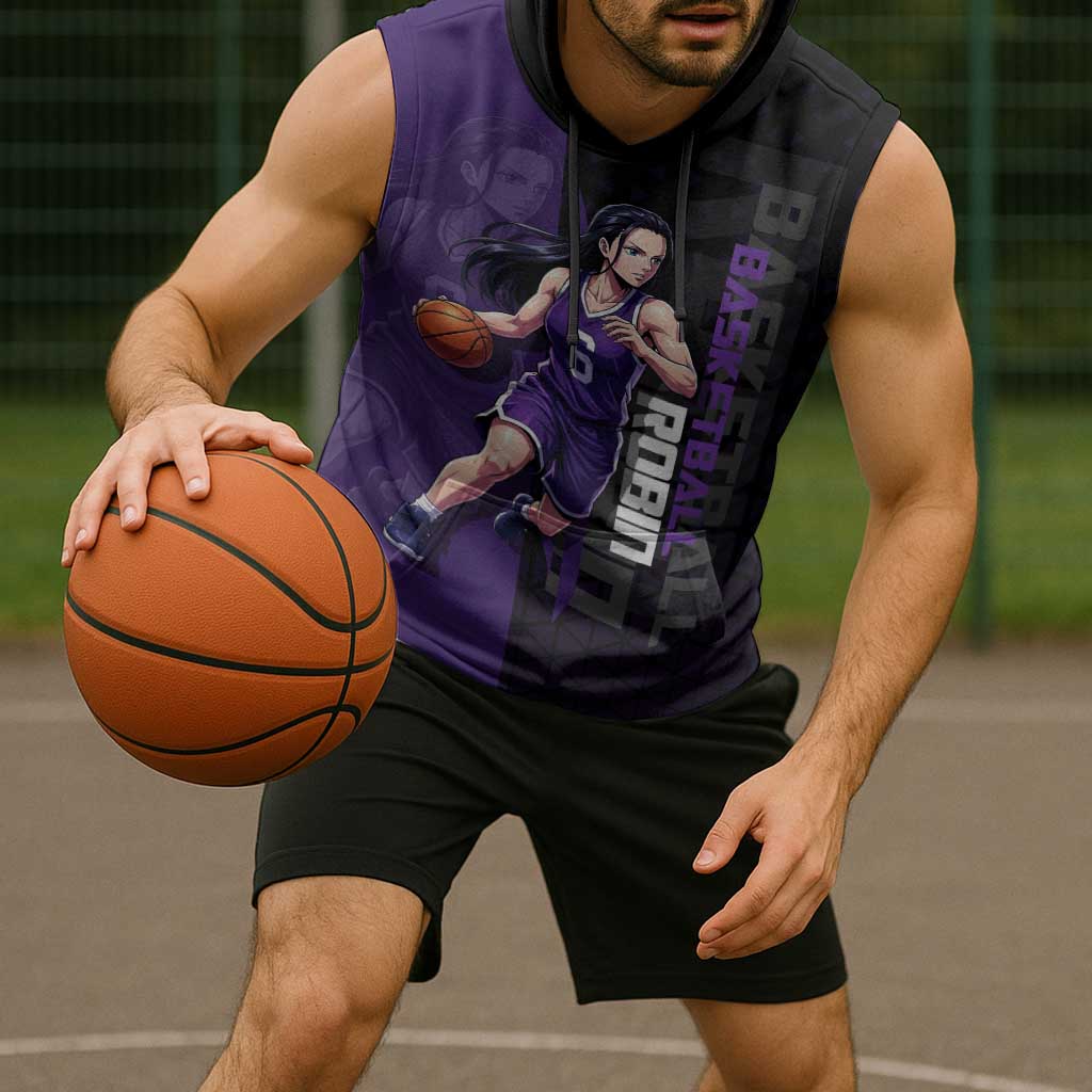 Nico Robin One Piece Basketball Theme Purple and Black Design Sleeveless Hoodie with Action Pose and Crew Emblem - The Mazicc