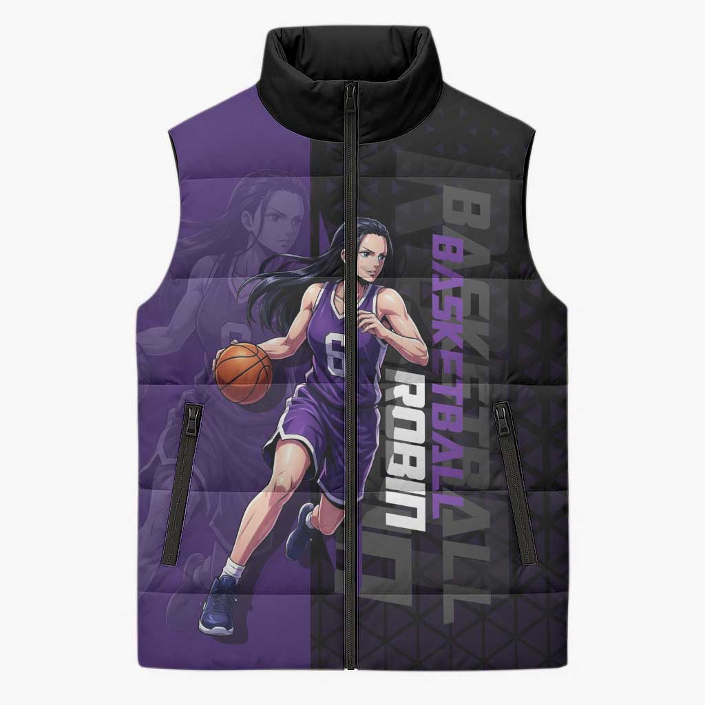 Nico Robin One Piece Basketball Theme Purple and Black Design Sleeveless Puffer Jacket with Action Pose and Crew Emblem - The Mazicc
