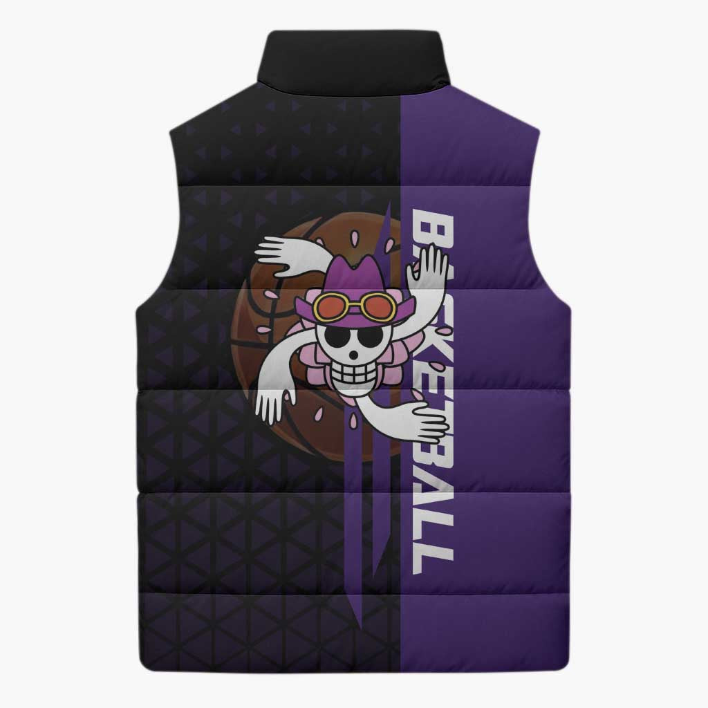 Nico Robin One Piece Basketball Theme Purple and Black Design Sleeveless Puffer Jacket with Action Pose and Crew Emblem - The Mazicc