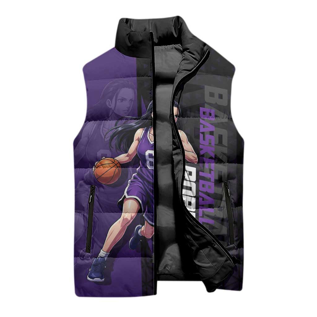 Nico Robin One Piece Basketball Theme Purple and Black Design Sleeveless Puffer Jacket with Action Pose and Crew Emblem - The Mazicc