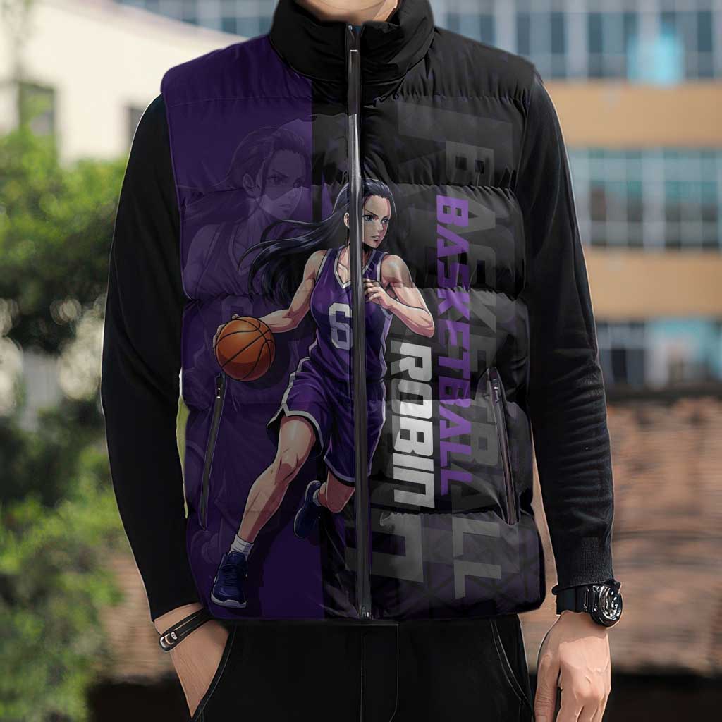 Nico Robin One Piece Basketball Theme Purple and Black Design Sleeveless Puffer Jacket with Action Pose and Crew Emblem - The Mazicc