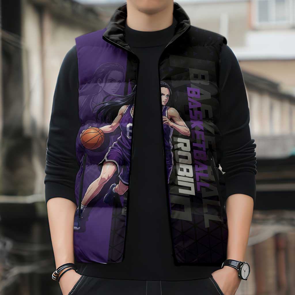 Nico Robin One Piece Basketball Theme Purple and Black Design Sleeveless Puffer Jacket with Action Pose and Crew Emblem - The Mazicc